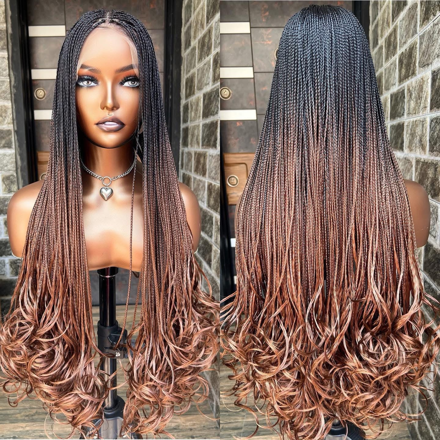 Indiana silky braids , Luxury Boho Micro Twist Lace Front Wig – Honey Blonde Ombre with Coiled Ends - Image 4