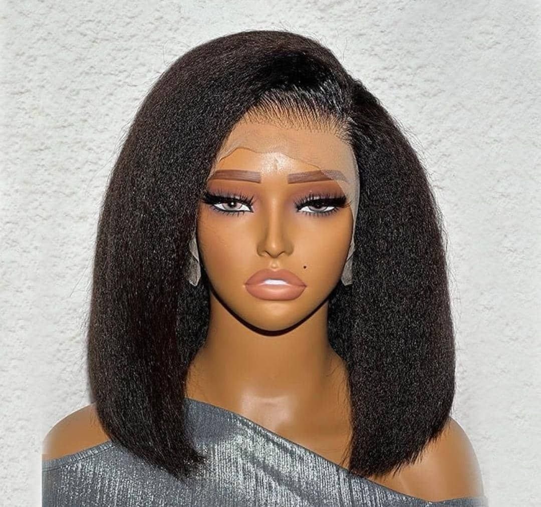 Premium Kinky Straight Yaki Bob Lace Front Wig , 100% Human Hair Natural Blow-Out Texture - Image 3