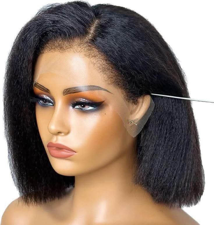Premium Kinky Straight Yaki Bob Lace Front Wig , 100% Human Hair Natural Blow-Out Texture - Image 2