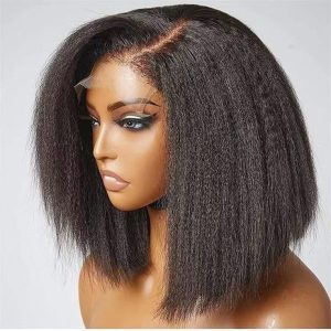Premium Kinky Straight Yaki Bob Lace Front Wig , 100% Human Hair Natural Blow-Out Texture