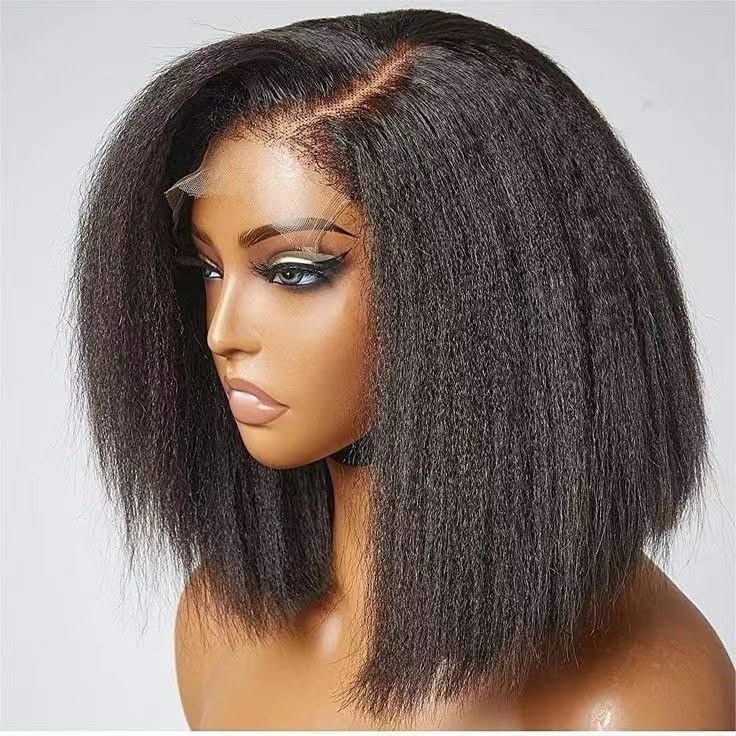Premium Kinky Straight Yaki Bob Lace Front Wig , 100% Human Hair Natural Blow-Out Texture