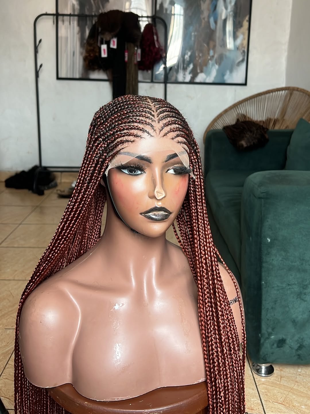 7x7 HD Lace Knotless Braided Wig – Burgundy Micro Braids - Image 4