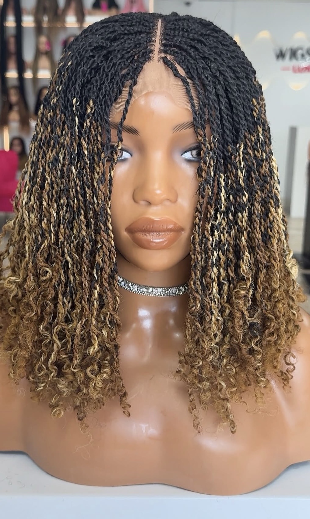 Luxury Human Hair Micro Twist Bob Wig – Ombre Honey Blonde with Coiled Ends - Image 3