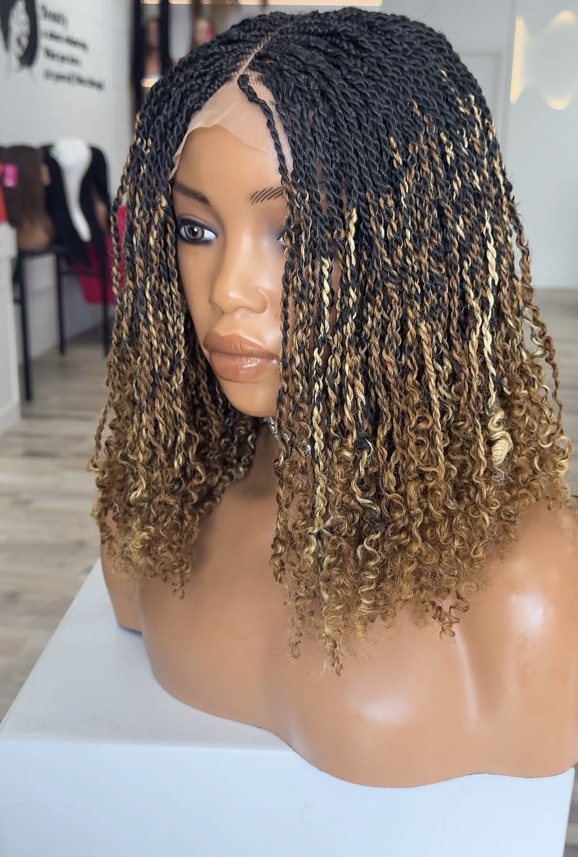 Luxury Human Hair Micro Twist Bob Wig – Ombre Honey Blonde with Coiled Ends - Image 4