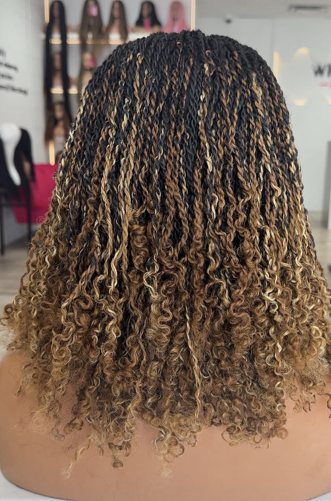 Luxury Human Hair Micro Twist Bob Wig – Ombre Honey Blonde with Coiled Ends - Image 2