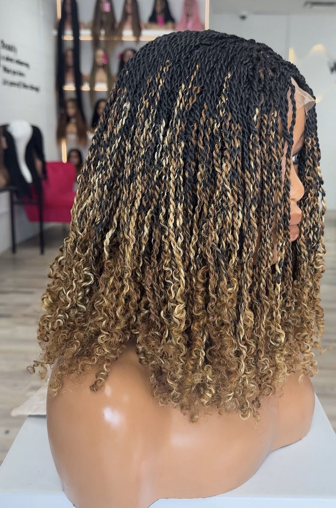 Luxury Human Hair Micro Twist Bob Wig – Ombre Honey Blonde with Coiled Ends