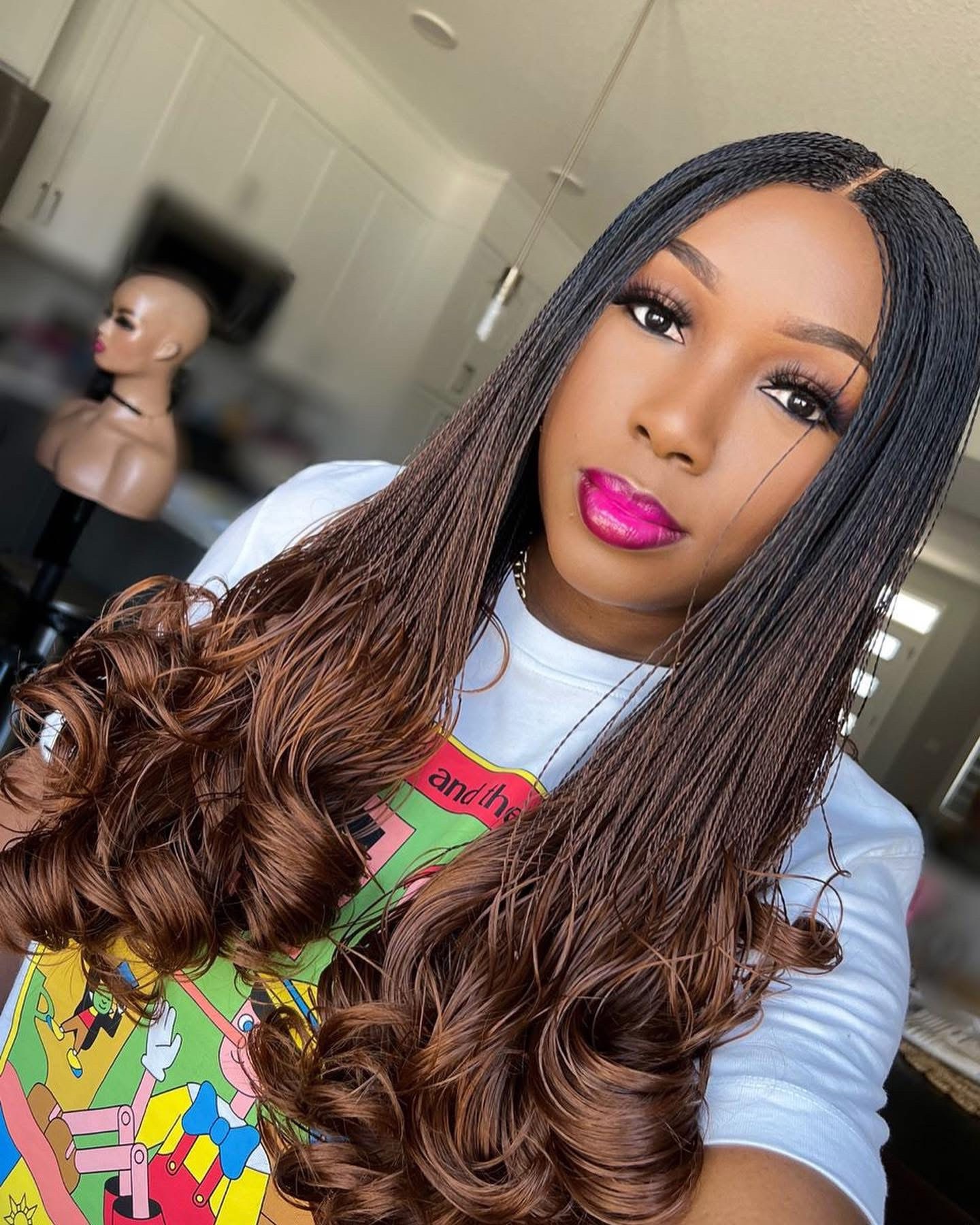 Indiana silky braids , Luxury Boho Micro Twist Lace Front Wig – Honey Blonde Ombre with Coiled Ends - Image 5