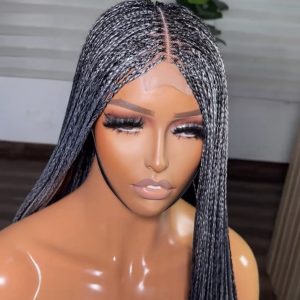 Salt & Pepper Micro-Braided Lace Front Wig – Silver & Black Mixed Tones Knotless Unit