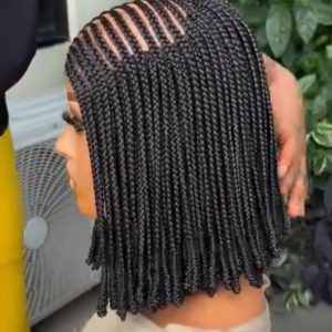 Hand-Braided Feed-In Cornrow Bob Wig – Middle Part Micro Box Braid Lace Wig with Curled Ends
