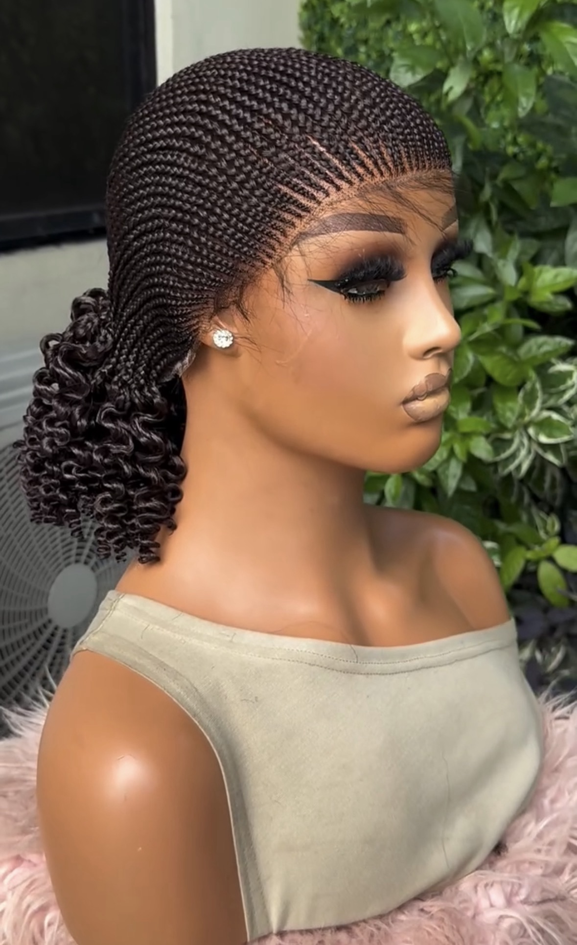 14” Side Cornrow Braided Wig with Curly Ponytail – Natural Black Human Hair Blend - Image 2