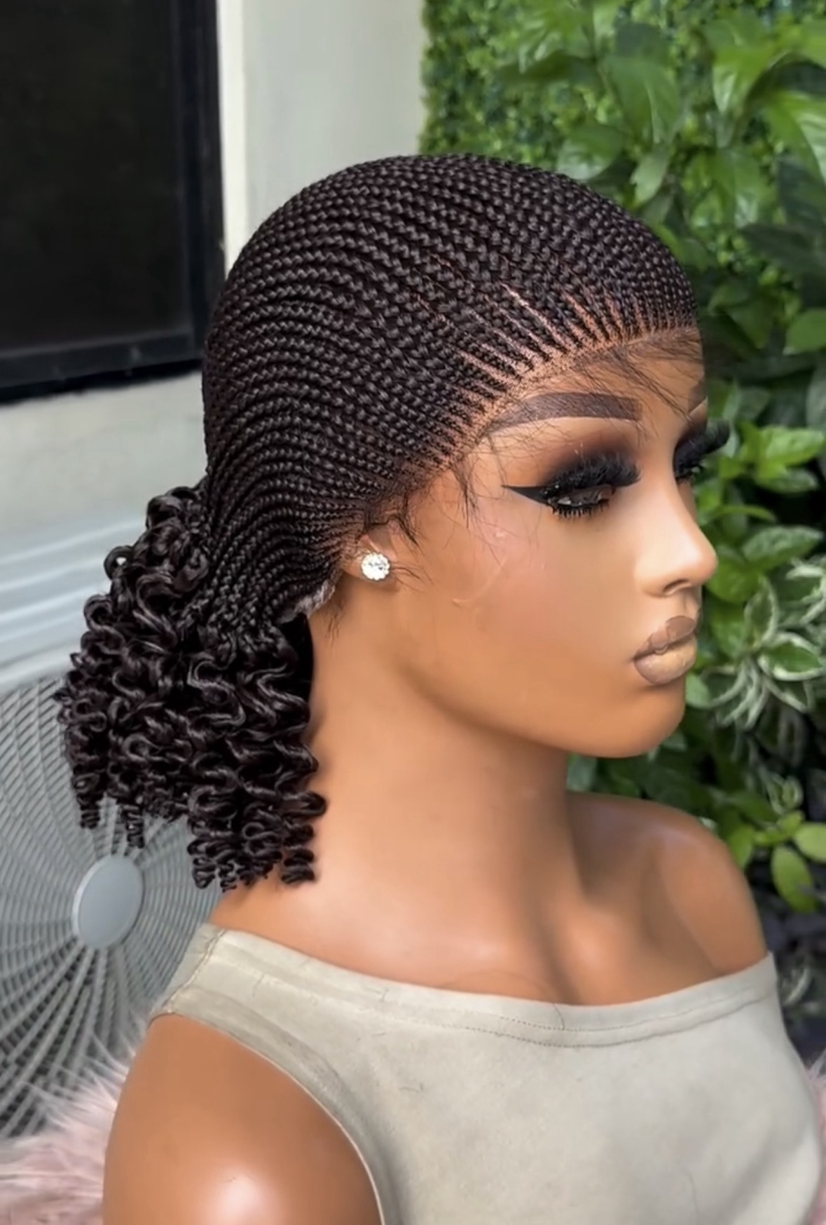 14” Side Cornrow Braided Wig with Curly Ponytail – Natural Black Human Hair Blend - Image 3