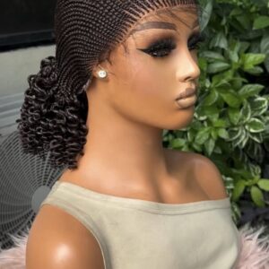 14” Side Cornrow Braided Wig with Curly Ponytail – Natural Black Human Hair Blend