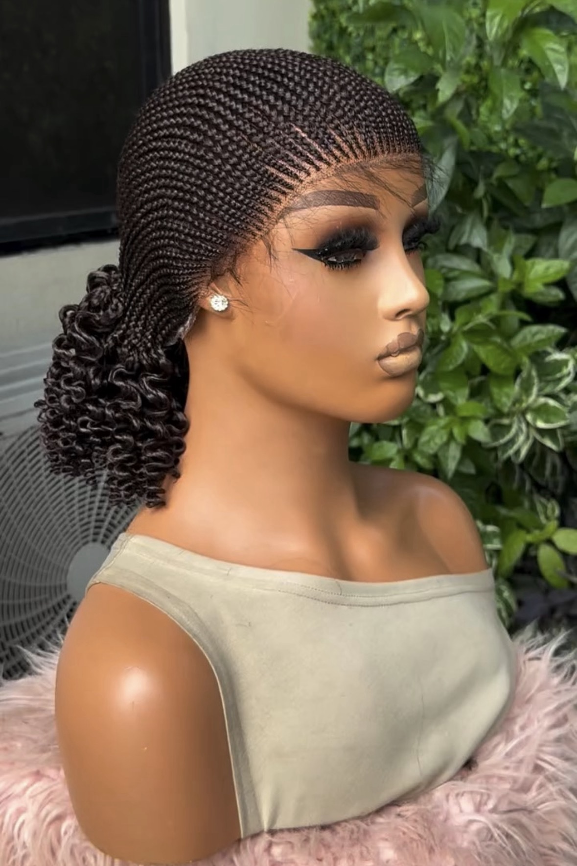 14” Side Cornrow Braided Wig with Curly Ponytail – Natural Black Human Hair Blend