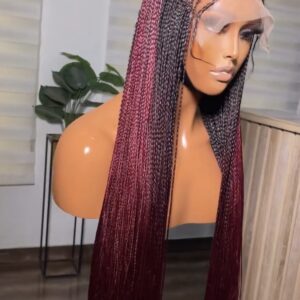 Ombre Knotless Box Braid Lace Front Wig – 1B/Burgundy | 30–36 Inches | Full Lace Braided Wig