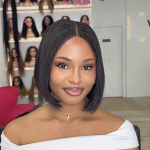 8” Human Hair Micro Bob Lace Front Wig – Knotless Braided Top | Sleek Straight Bob