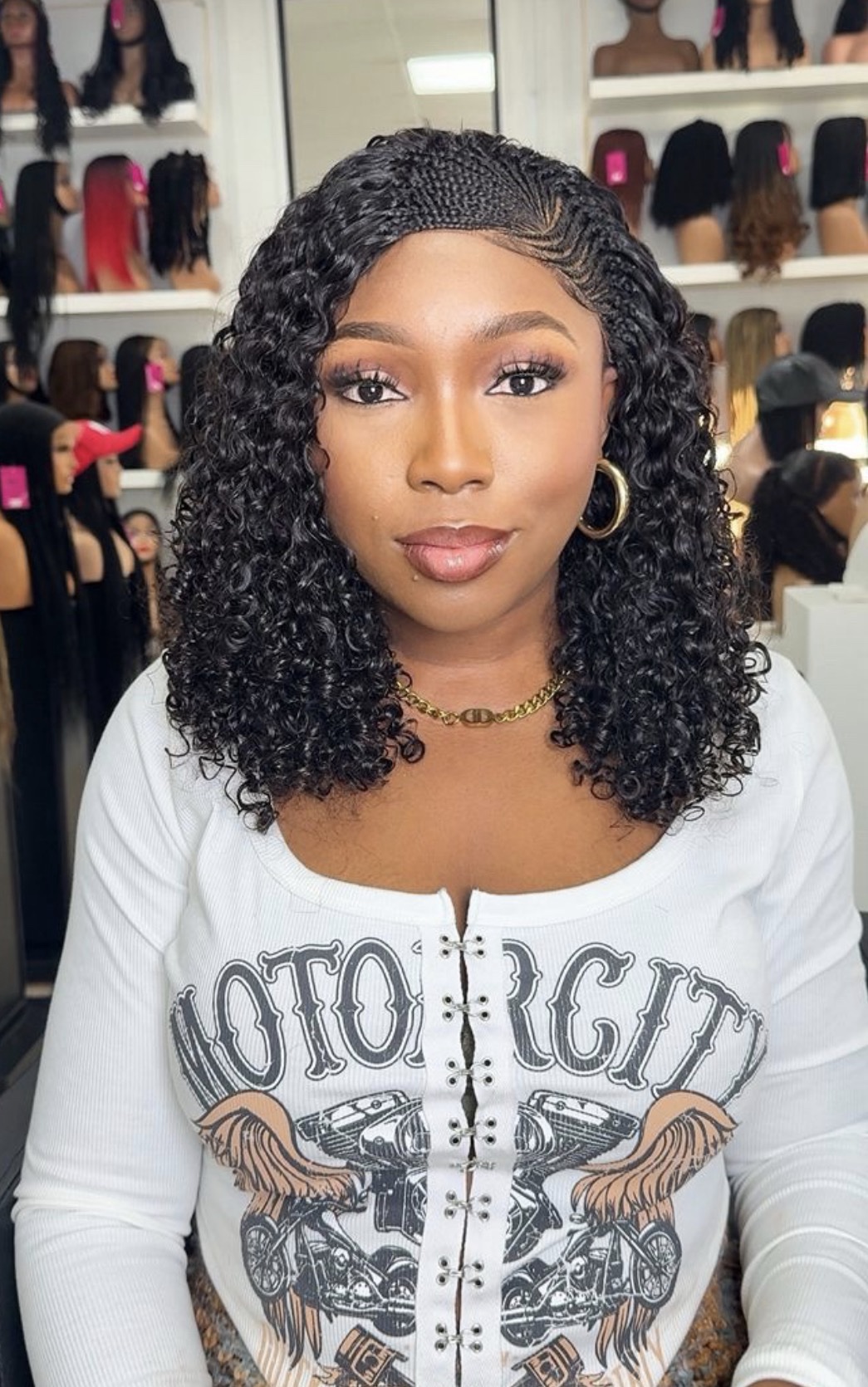 16” Side Cornrow Curly Human Hair Wig - Image 2