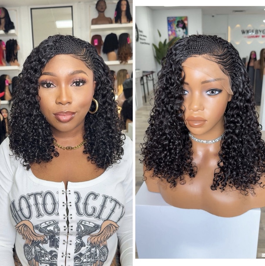 16” Side Cornrow Curly Human Hair Wig - Image 5