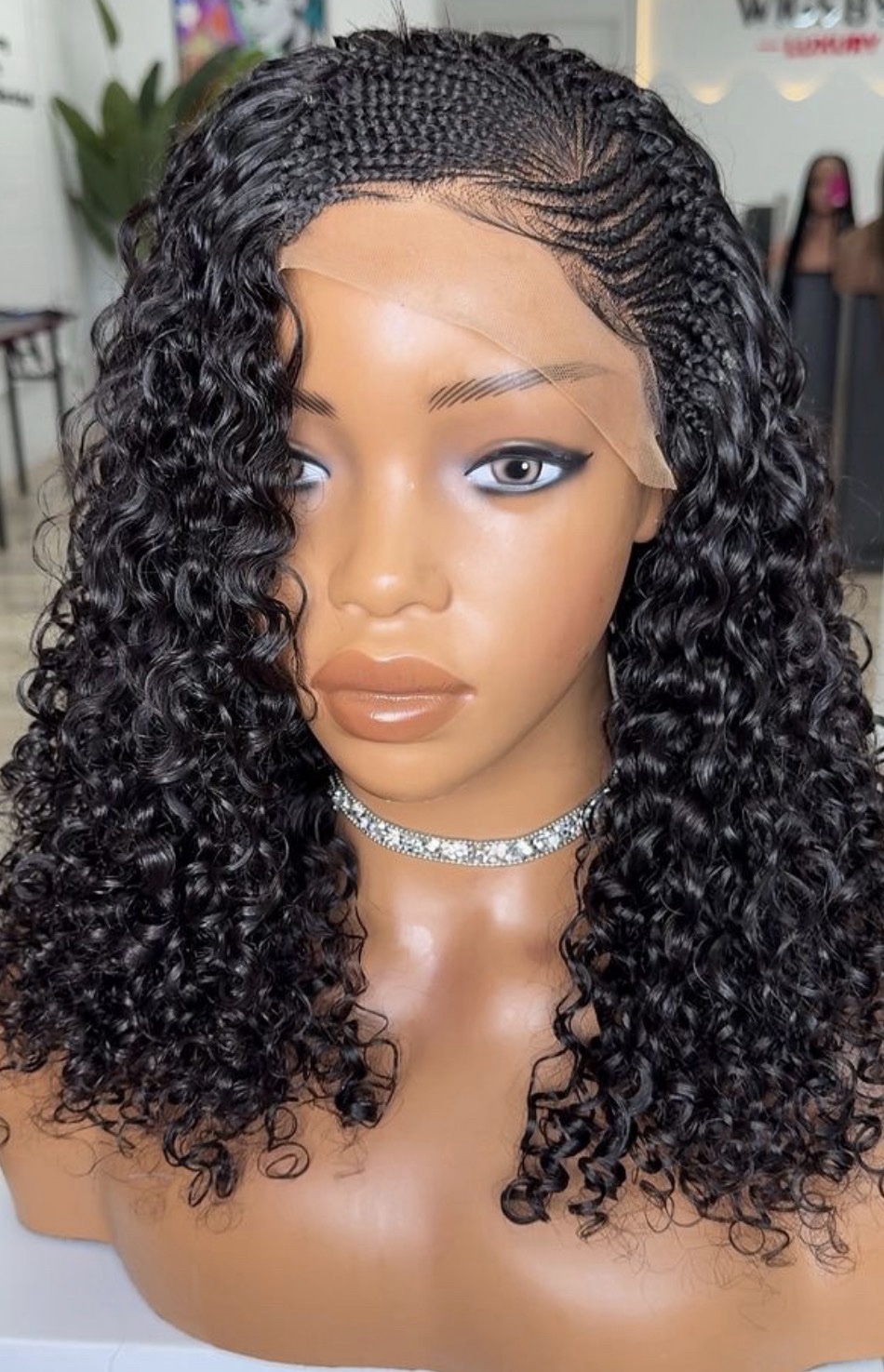 16” Side Cornrow Curly Human Hair Wig - Image 3